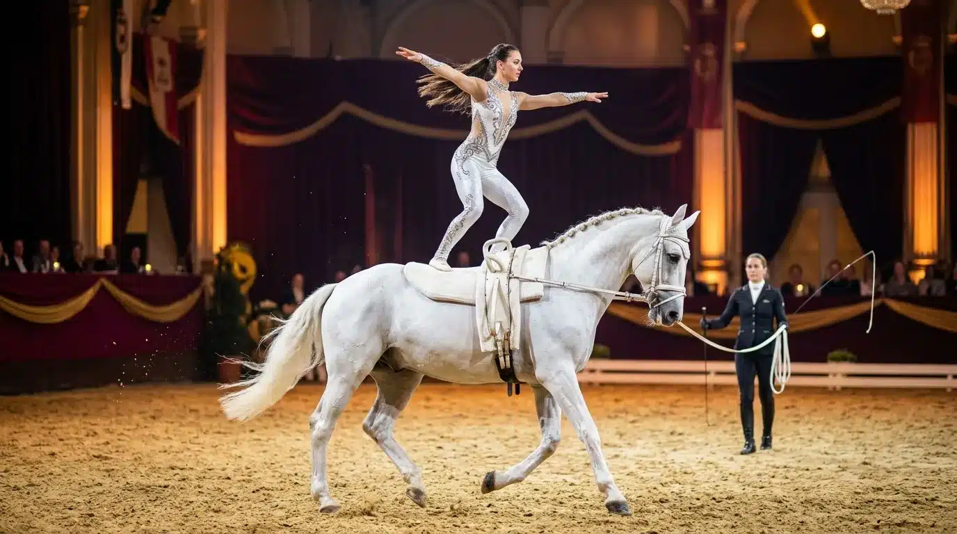Femme en équilibre sur cheval blanc en cirque
