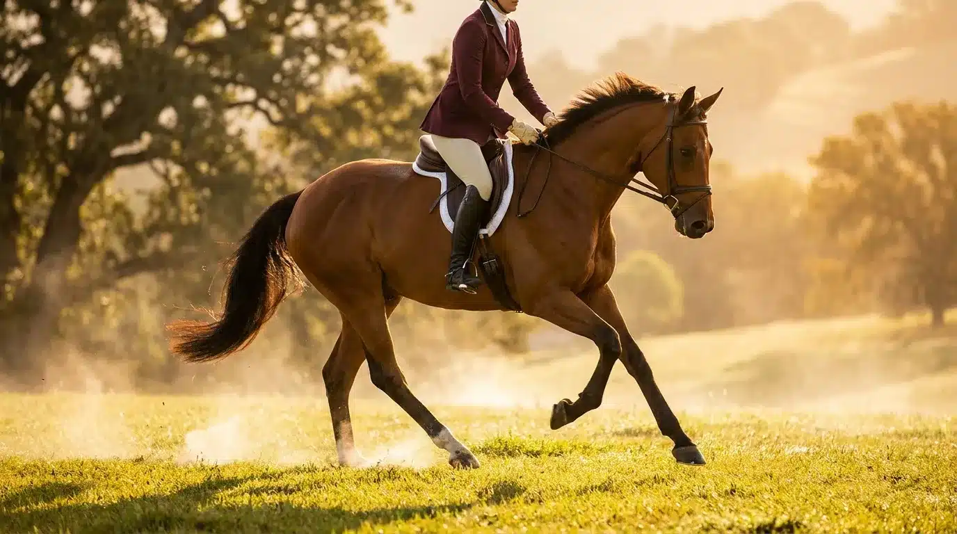 Cavalier en veste bordeaux galopant sur cheval brun