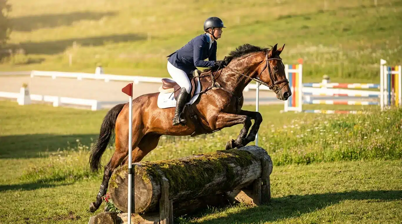 Cavalière à cheval saute un obstacle en bois lors d'une compétition équestre.