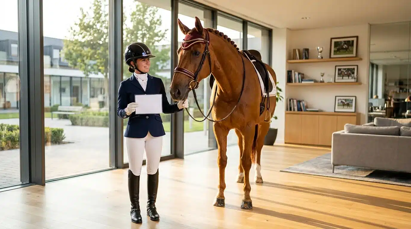 Cavalière en tenue d'équitation tenant un cheval brun dans un salon moderne