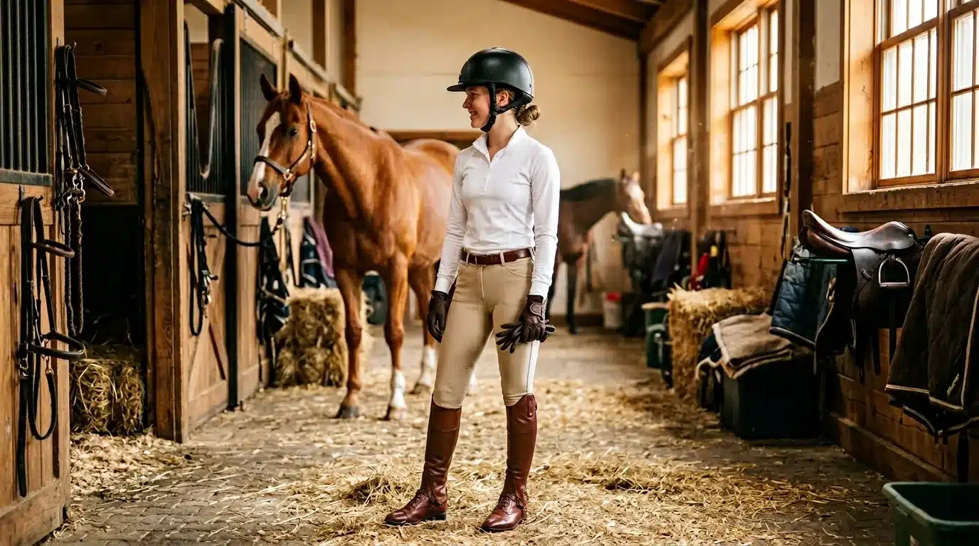 Femme cavalière en tenue d'équitation avec son cheval dans une écurie