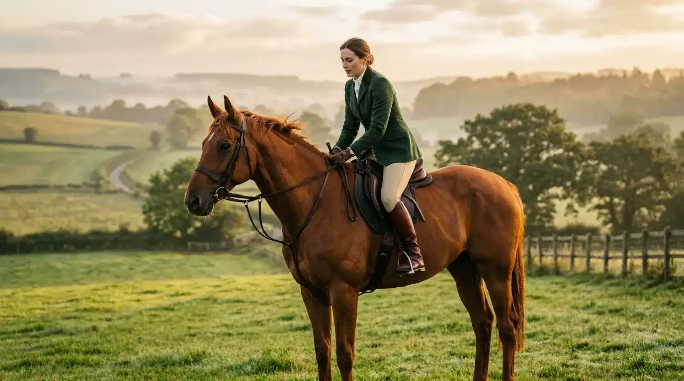 Femme à cheval dans un paysage rural verdoyant