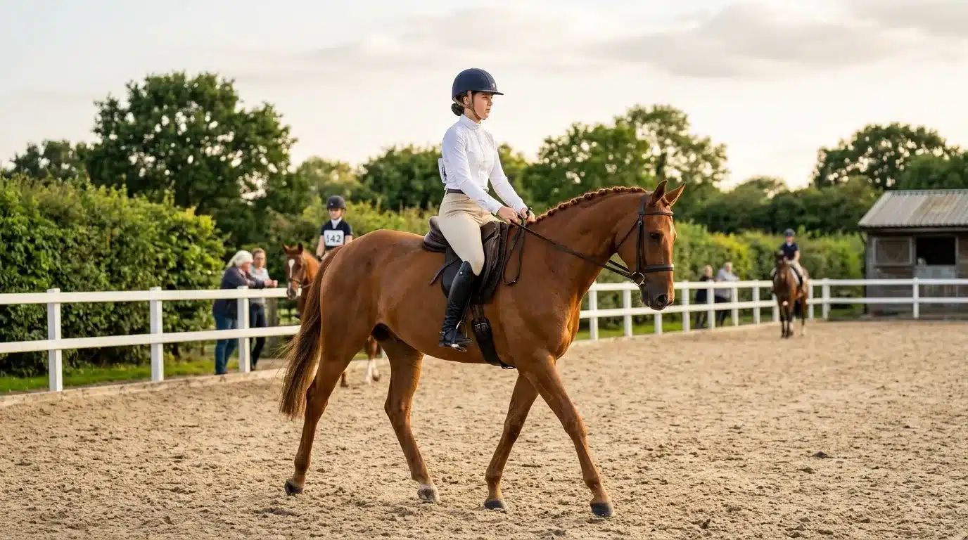 Jeune cavalière à cheval lors d'une compétition équestre