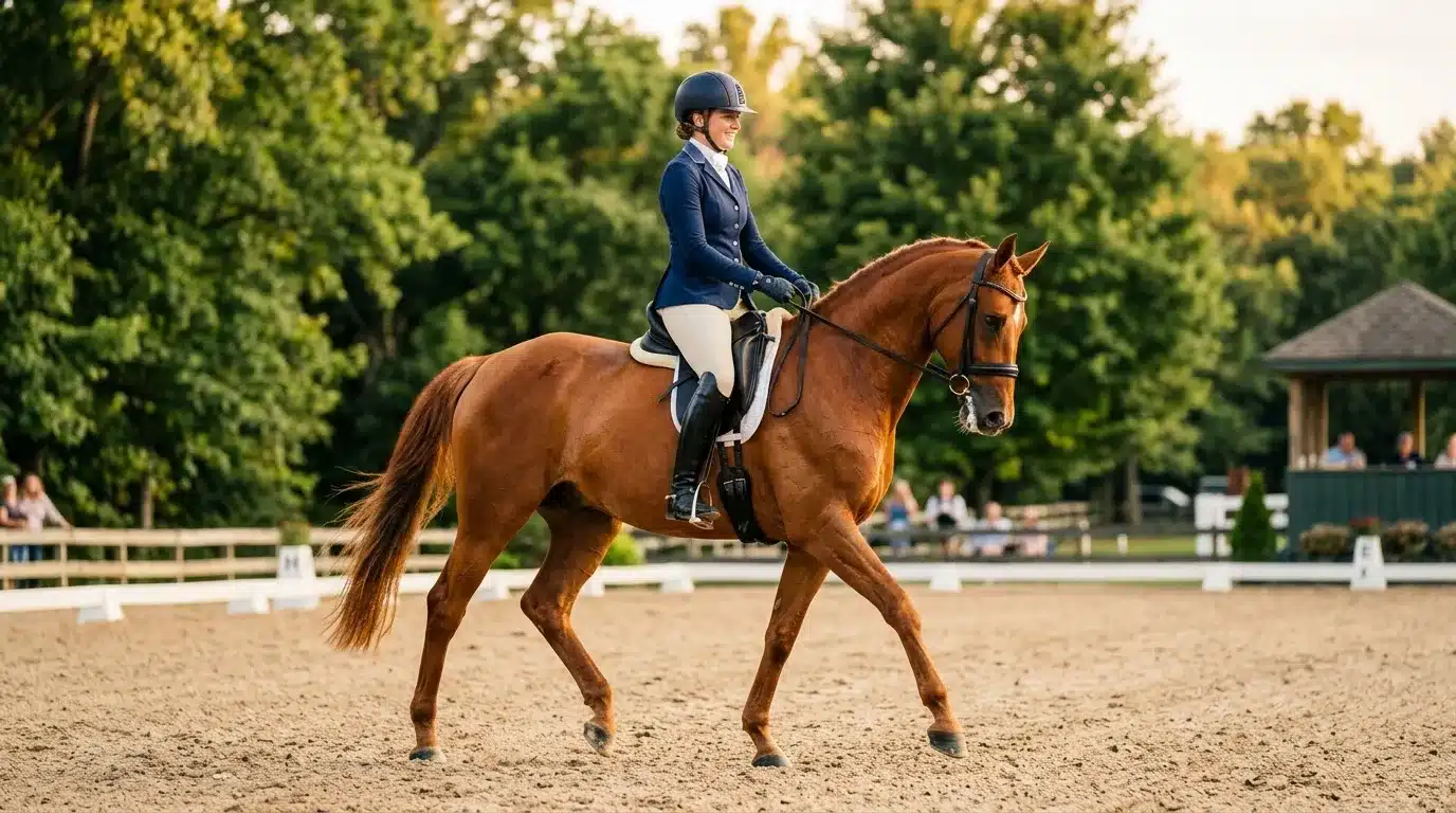 Cavalière en tenue de compétition montant un cheval bai