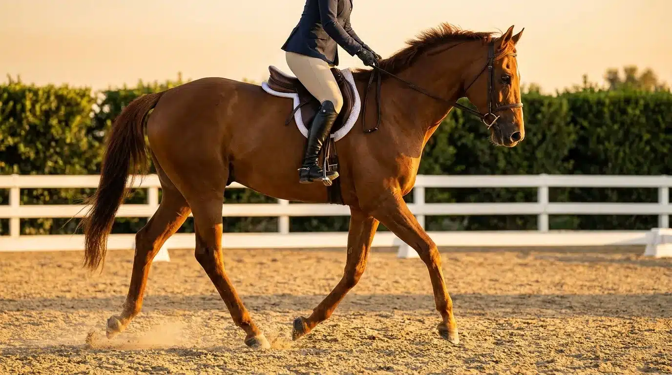 Cavalière montant un cheval bai au dressage en carrière