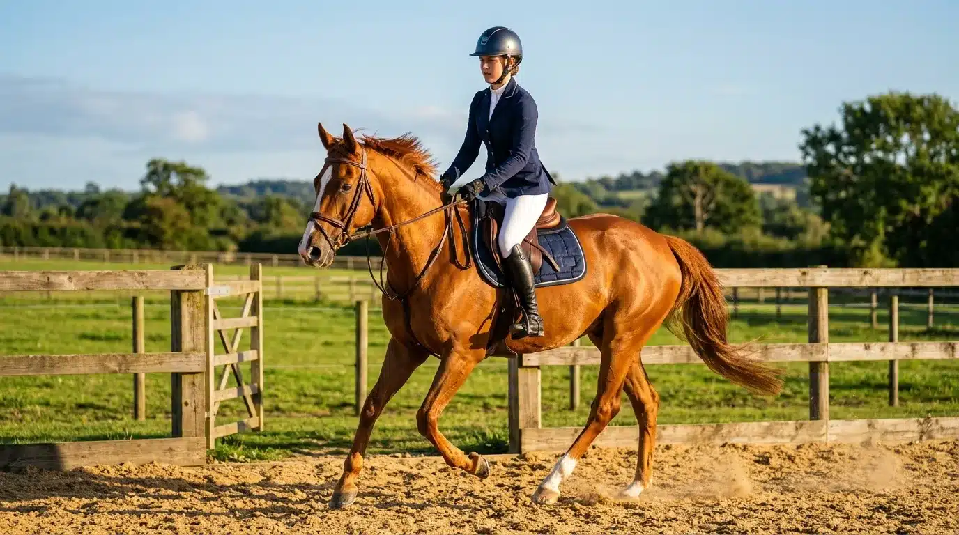 Jeune cavalière à cheval bai dans une carrière de dressage