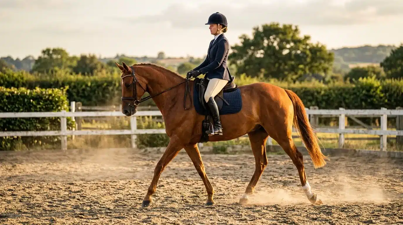 Cavalière à cheval brun en tenue d'équitation classique
