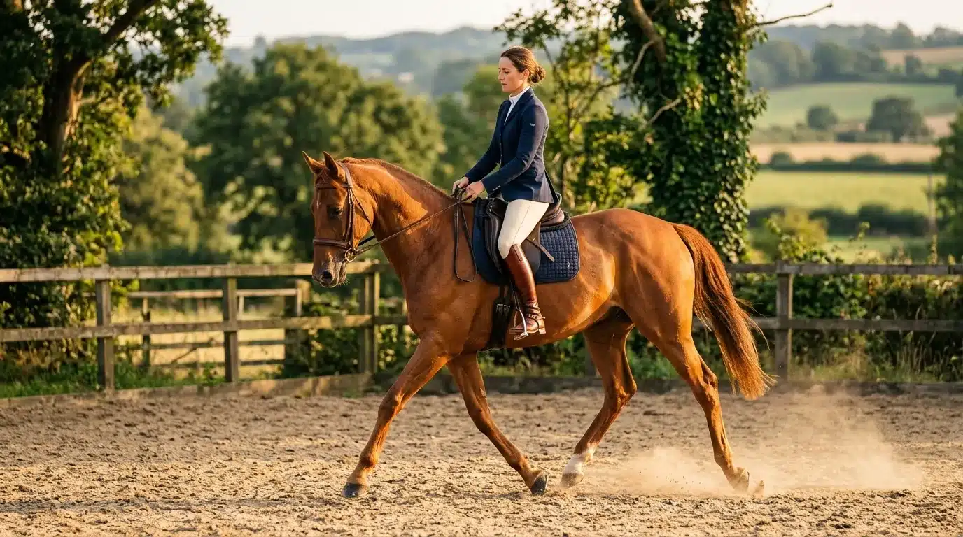 Femme à cheval trotting dans un paysage rural verdoyant