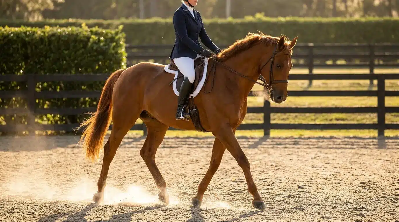 Cavalière en blazer bleu montant cheval bai en carrière