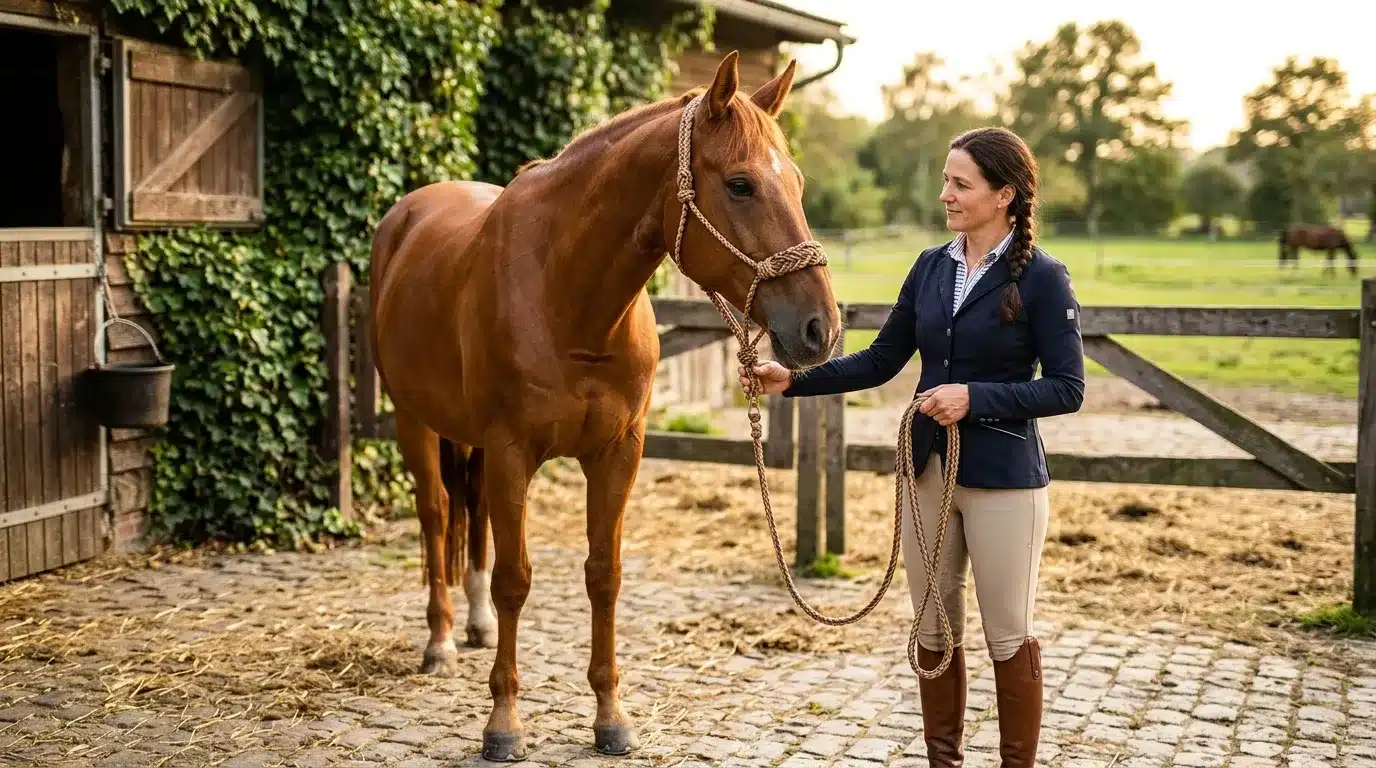 Femme tenant un cheval bai à l'écurie