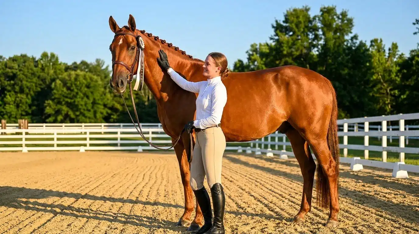 Jeune femme présente son cheval brun dans une carrière équestre
