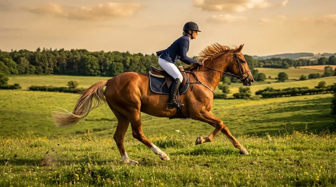 Cavalière en tenue d'équitation galope sur cheval bai à travers prairie verte