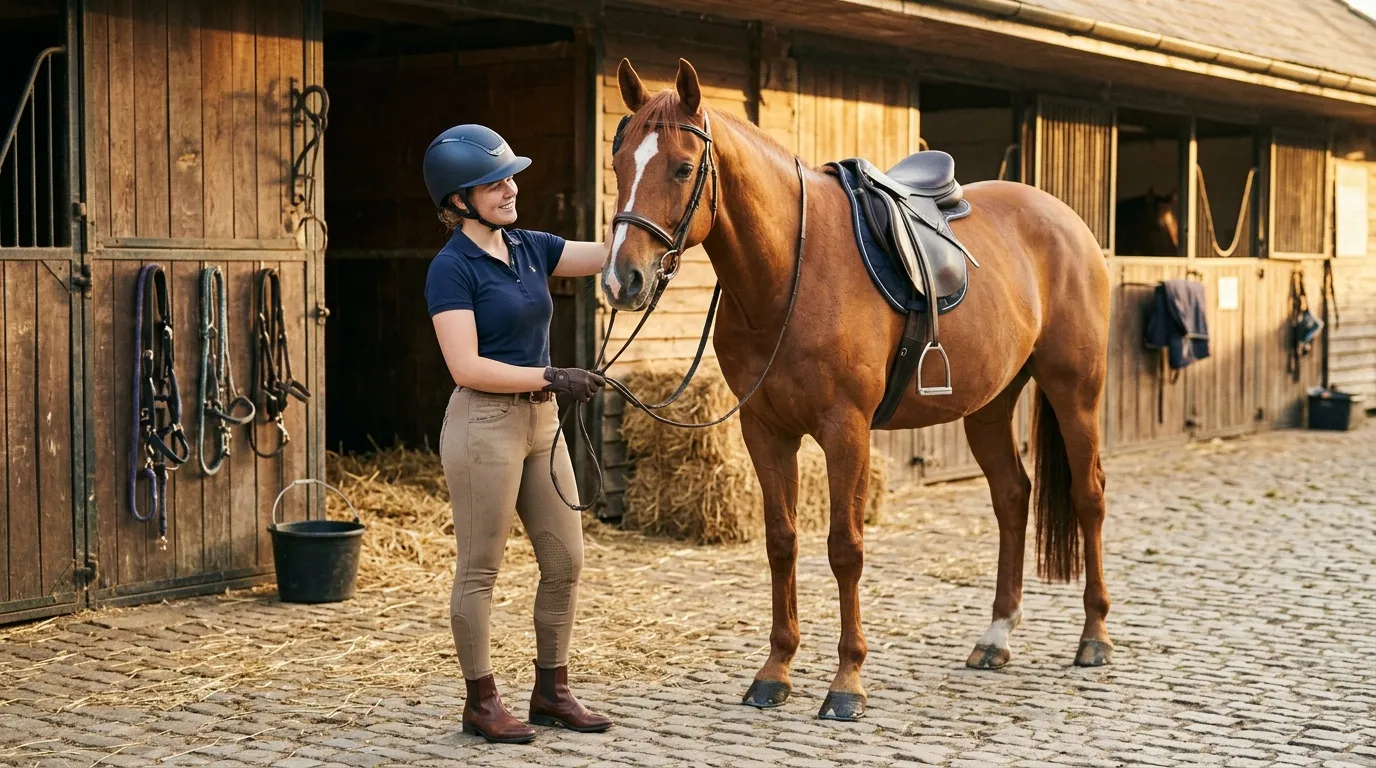 Jeune femme en tenue d'équitation avec son cheval brun à l'écurie