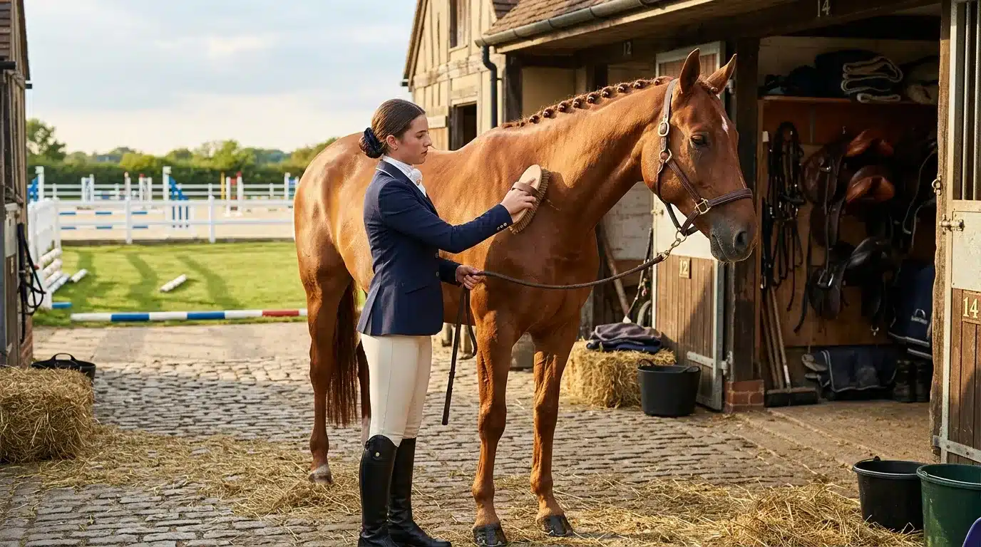 Jeune cavalière en tenue équestre brosse son cheval brun