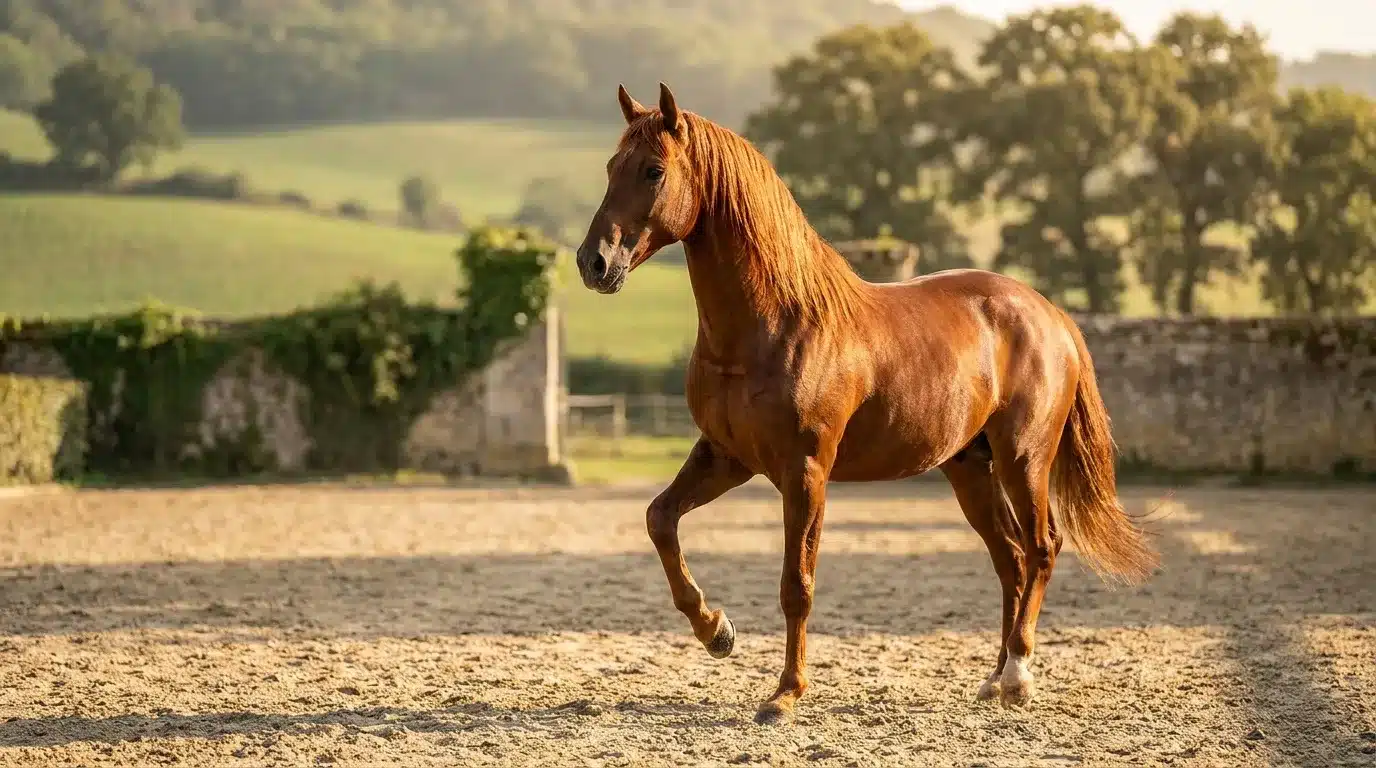 Cheval bai trottant dans une cour de ferme rurale