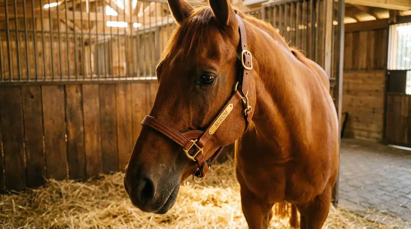 Cheval brun avec licol dans son box à foin