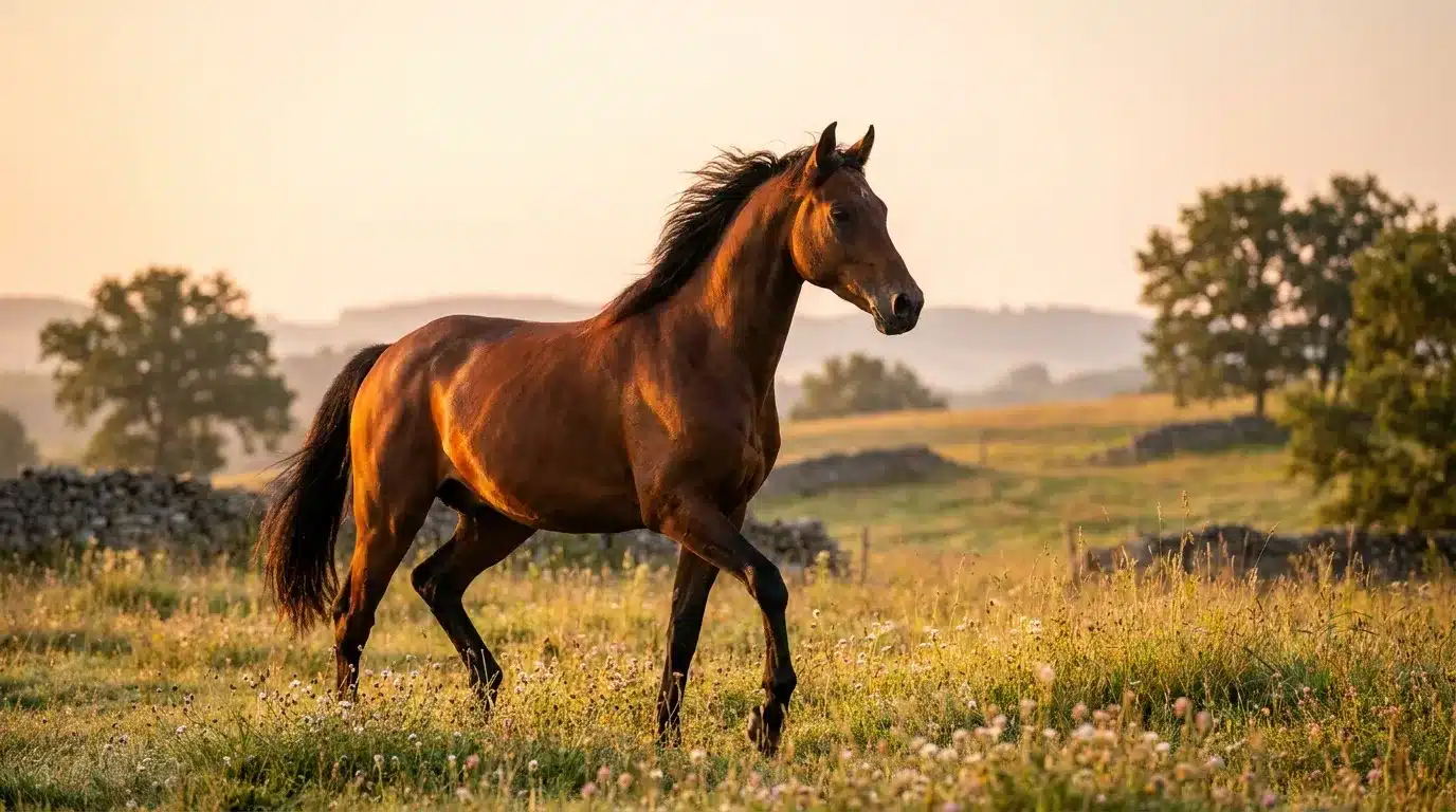 Cheval bai galope dans champ fleuri verdoyant