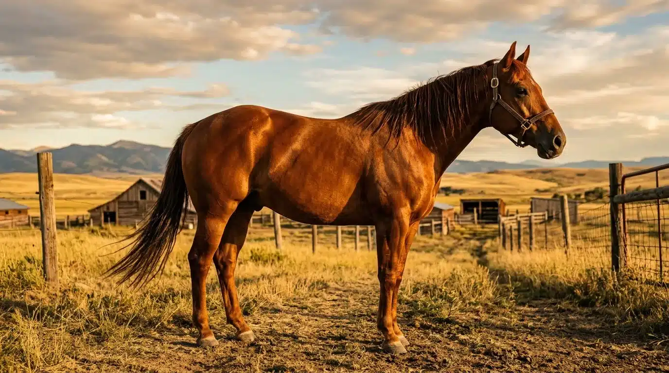 Cheval bai sellé debout dans pâturage avec montagnes