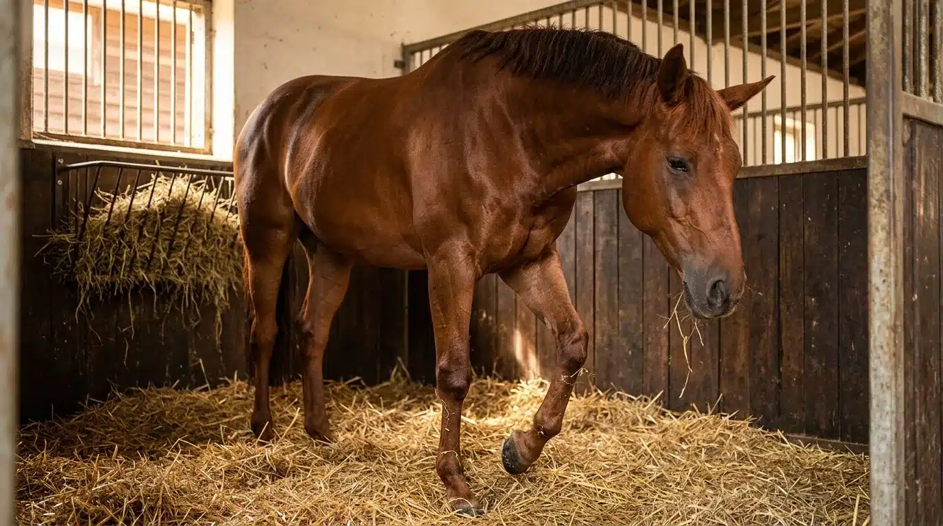 Cheval brun dans une écurie avec foin, regardant vers la gauche