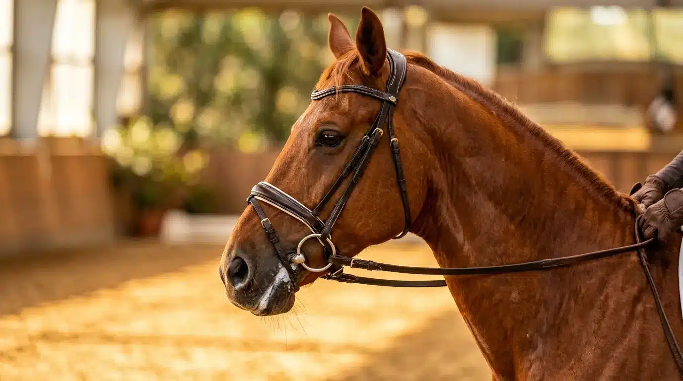 Cheval brun équipé d'un licol noir dans une écurie