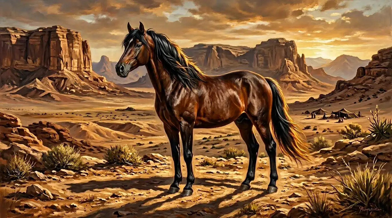 Cheval brun majestueux dans paysage désertique rocheux
