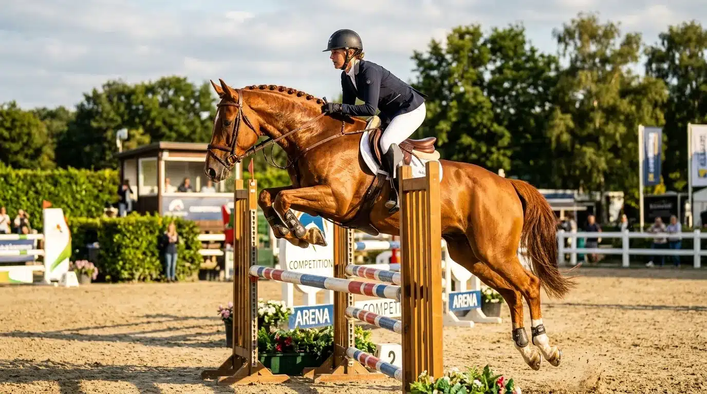 Cavalier en noir sautant un obstacle avec son cheval bai