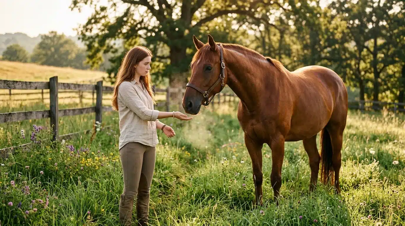 Jeune fille nourrissant un cheval brun dans un pré verdoyant