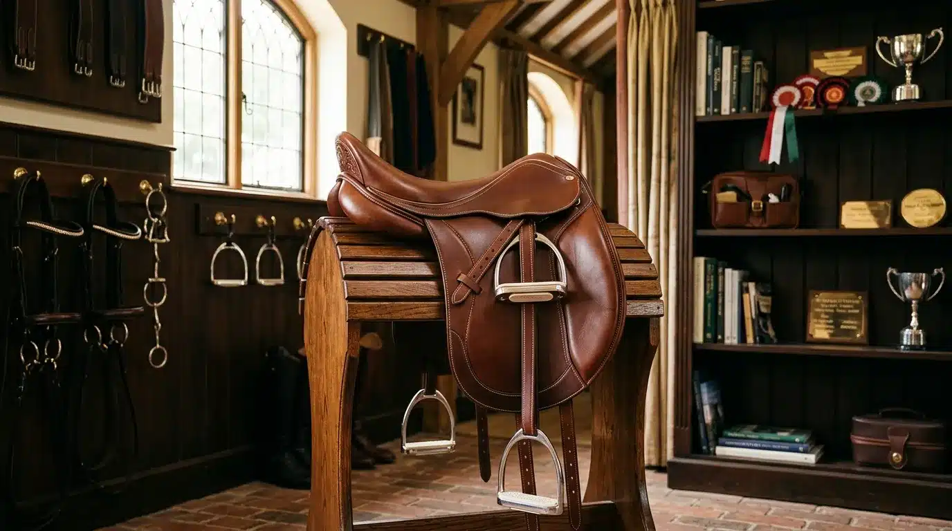 Selle de cheval marron sur support en bois, tack room équestre