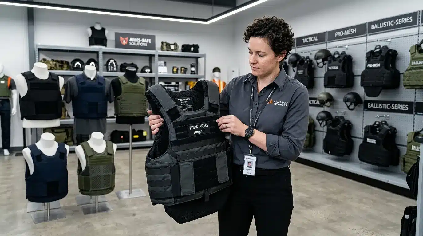 Femme présentant un gilet balistique dans un magasin équipement tactique