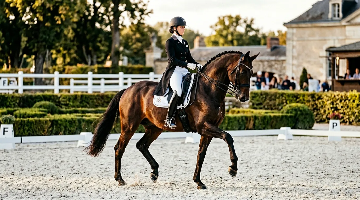 Cavalière en tenue noire montant cheval brun lors dressage