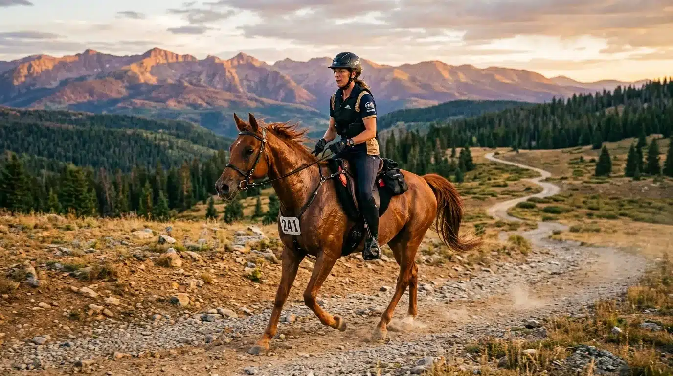 Cavalière au galop en montagne avec numéro de course