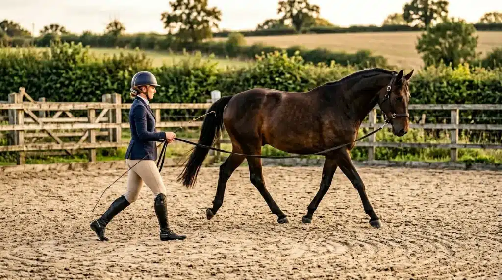Cavalière longe un cheval noir dans un enclos rural