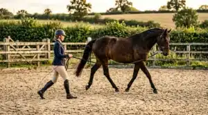 Cavalière longe un cheval noir dans un enclos rural