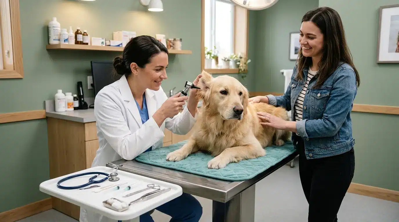 Vétérinaire examine les oreilles d'un labrador jaune en consultation