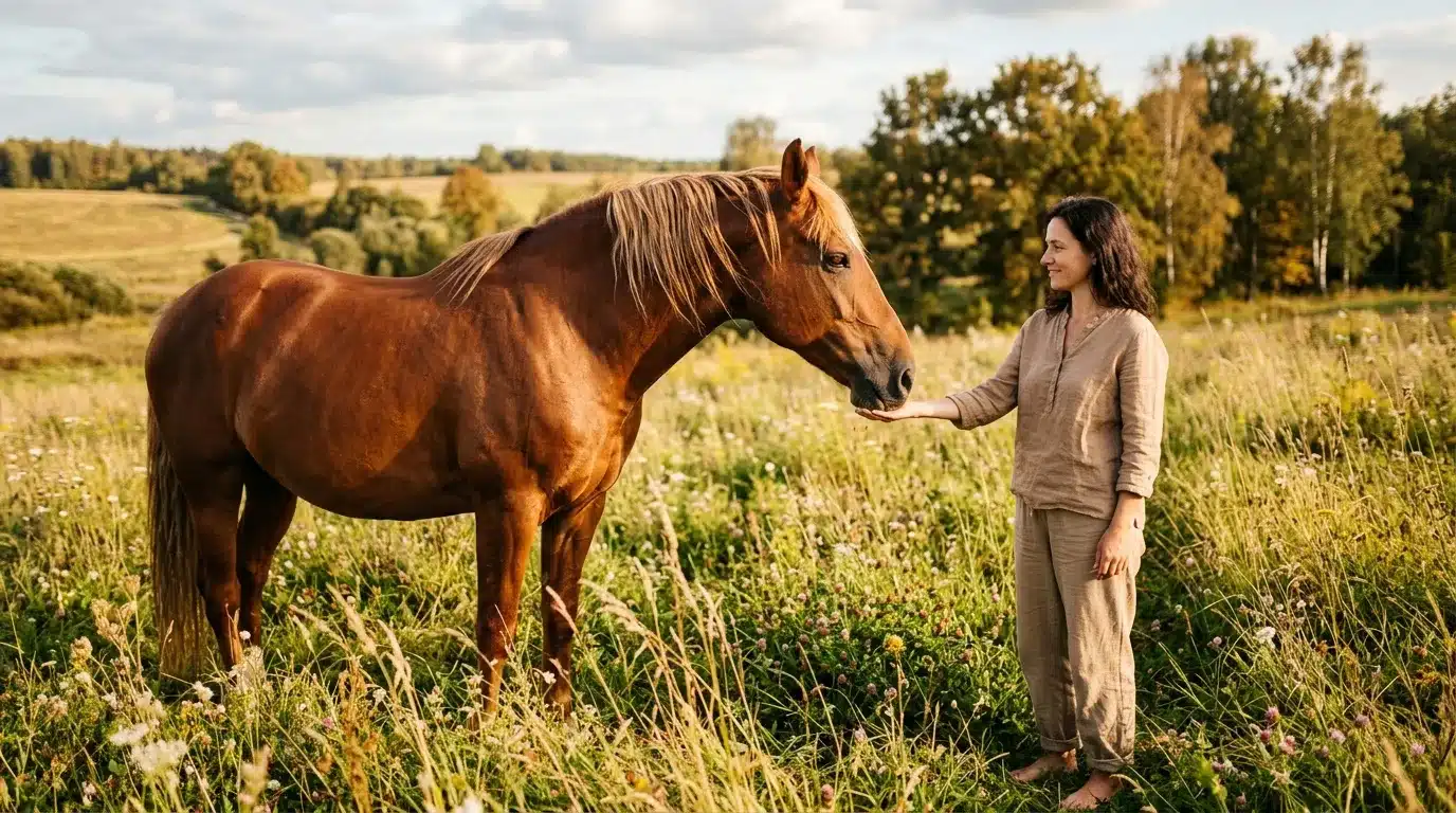 Femme caresse un cheval brun dans un champ verdoyant