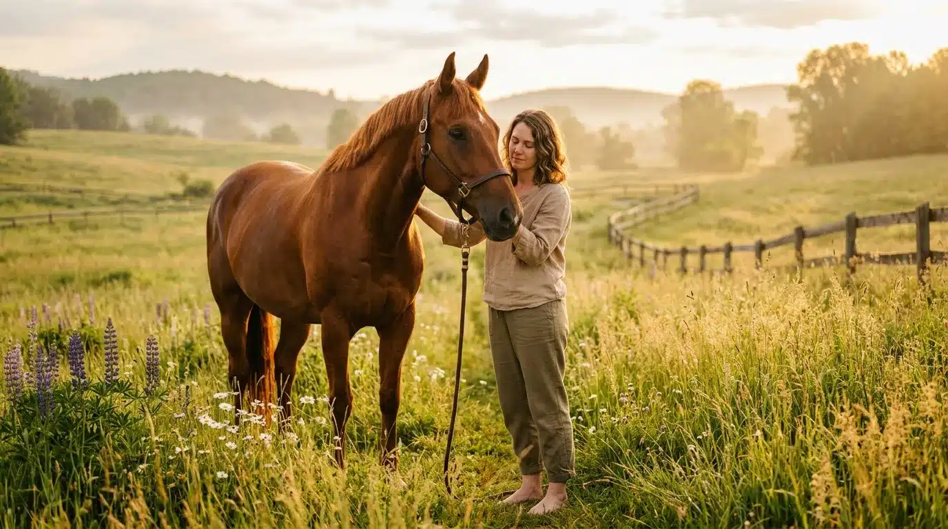 Femme pieds nus tenant un cheval brun dans un champ fleuri
