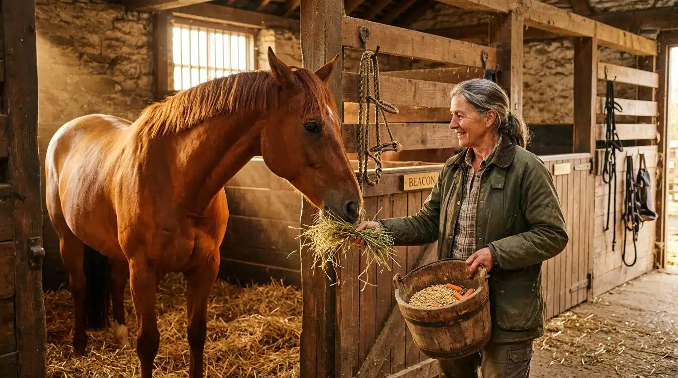 Femme âgée nourrissant un cheval brun dans une écurie