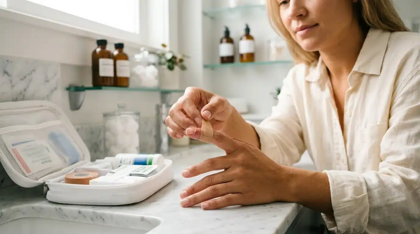 Femme examine palette de couleurs cosmétiques en salle de bain