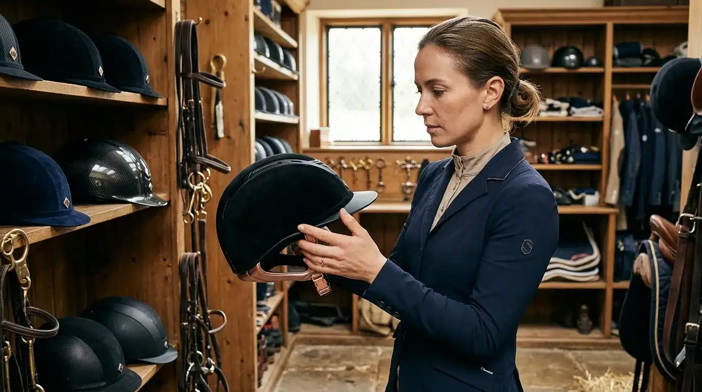 Femme en blazer bleu examinant un casque d'équitation en tack room