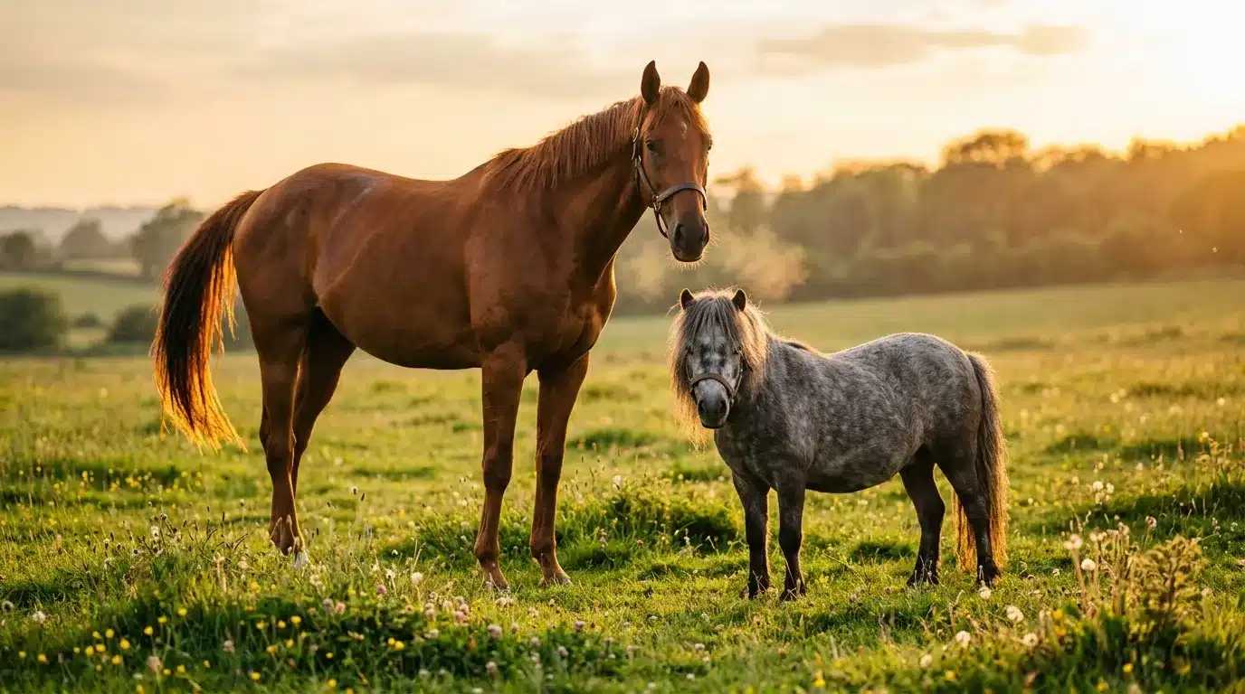 Cheval brun et petit poulain gris dans champ fleuri