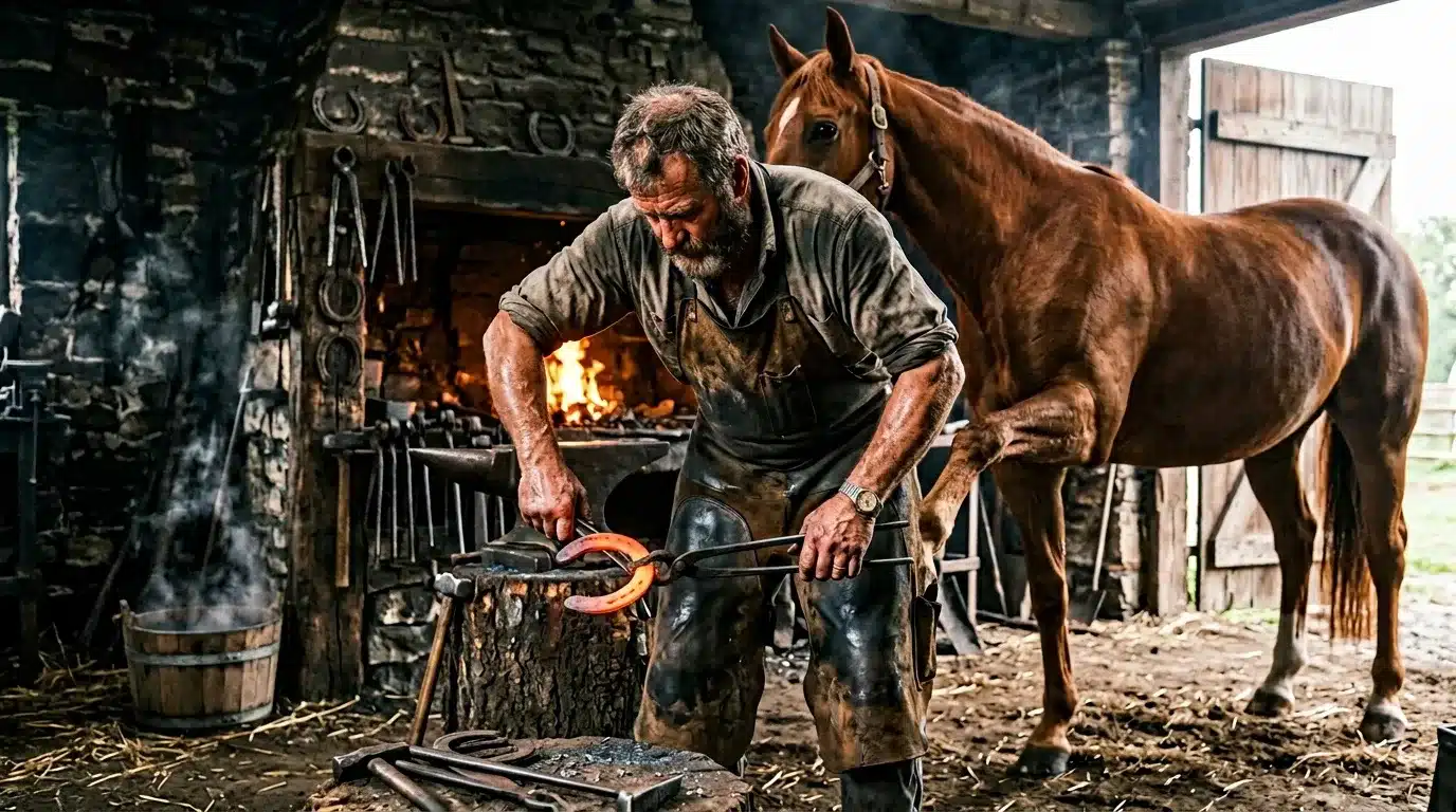 Forgeron travaillant le fer à la forge avec son cheval