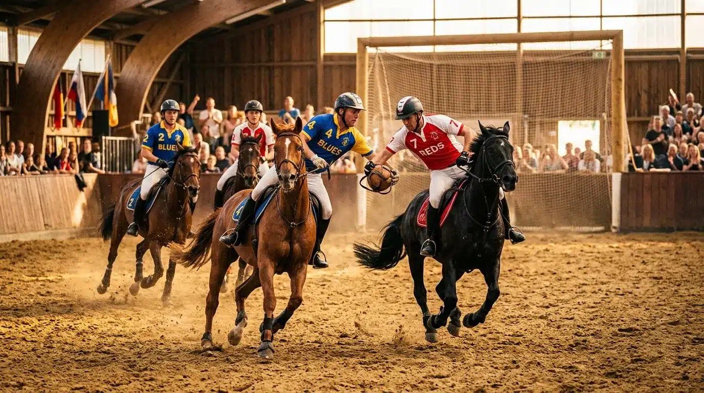 Joueurs de polo à cheval en tenue bleue et rouge s'affrontant