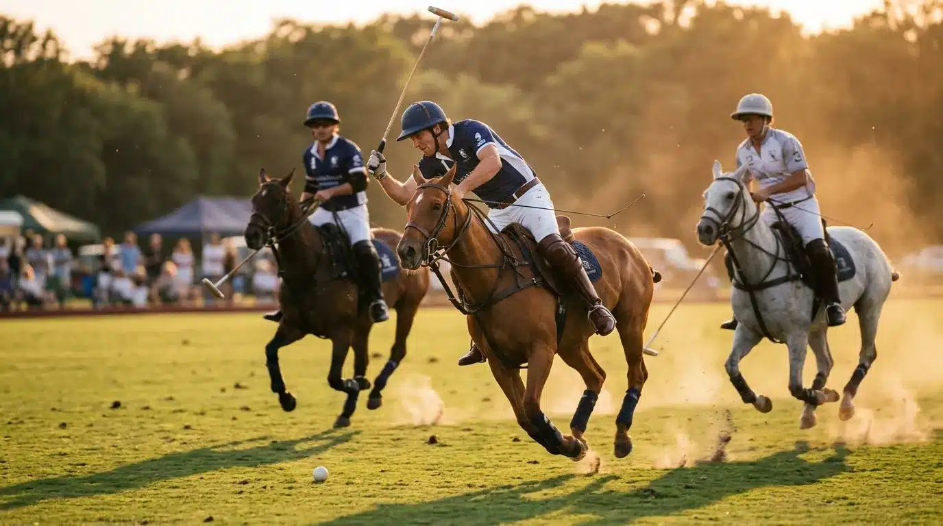 Joueurs à cheval disputant un match de polo sur terrain.
