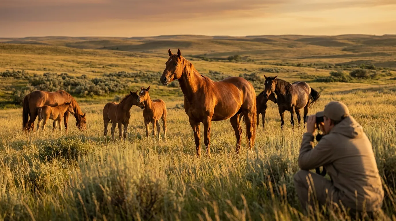 Photographe prenant un cliché de chevaux dans prairie dorée