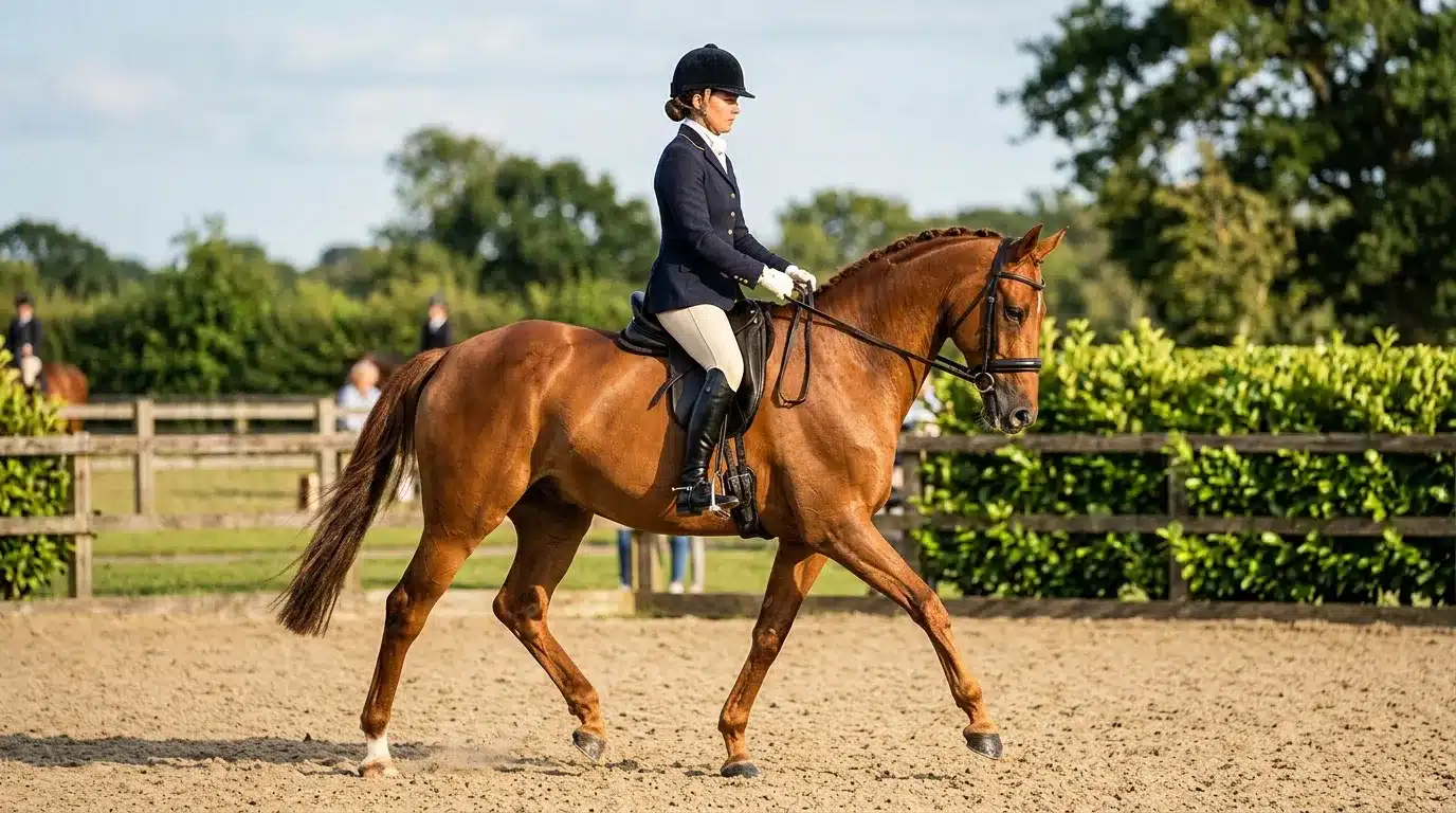Cavalière en habit noir montant un cheval bai au trot