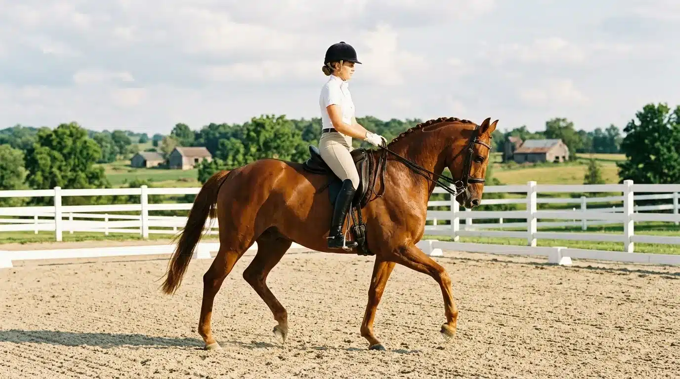 Cavalière sur cheval brun en manège avec barrières blanches