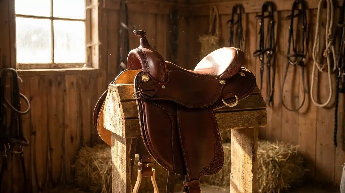 Selle en cuir marron posée sur un support en bois dans une écurie.