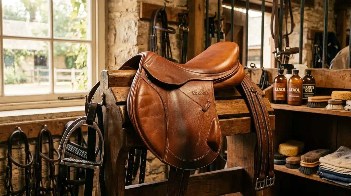 Selle équestre en cuir marron sur support bois