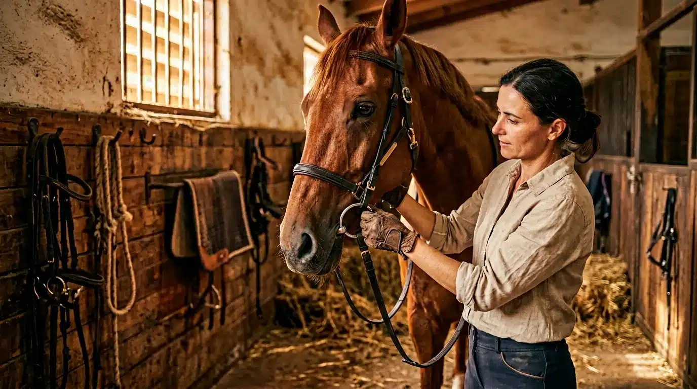 Femme tenant le licol d'un cheval brun à l'écurie