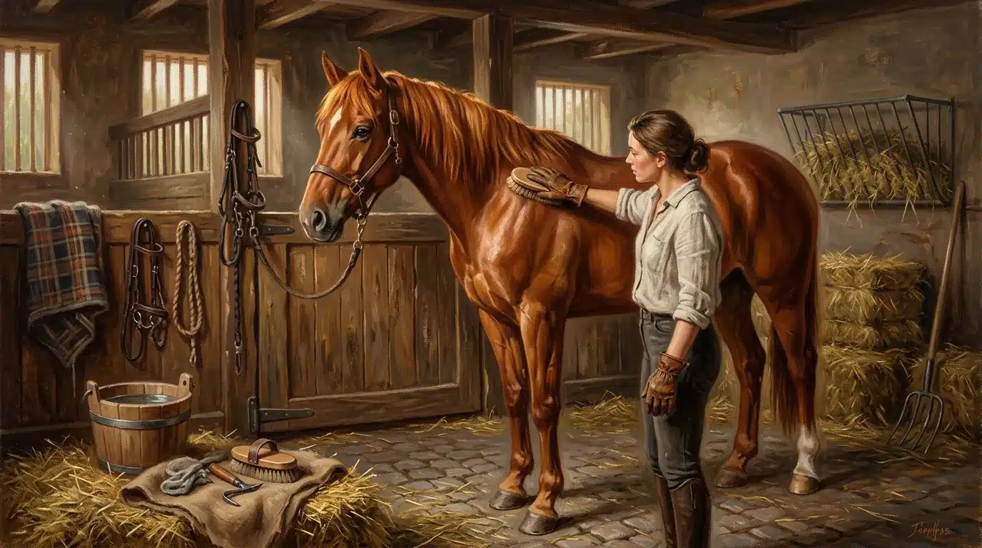 Femme brossant un cheval brun dans une écurie rustique